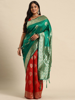 Sztori Woven Banarasi Silk Blend Saree(Green)