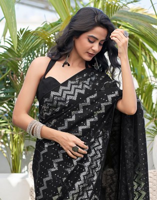 Samah Dyed, Embroidered, Embellished Bollywood Chiffon, Georgette Saree(Black, Silver)