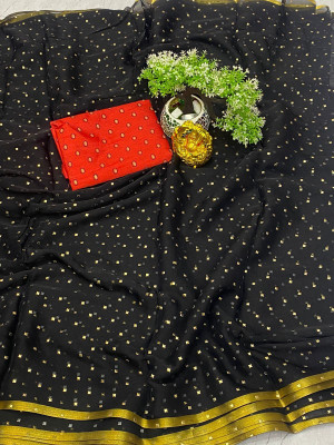 mamtasaree Polka Print Daily Wear Net, Chiffon Saree(Black)