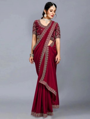 IRIS Embroidered Bollywood Pure Silk, Art Silk Saree(Maroon)