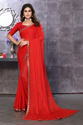 YASHIKA Solid/Plain Bollywood Lycra Blend Saree(Red)