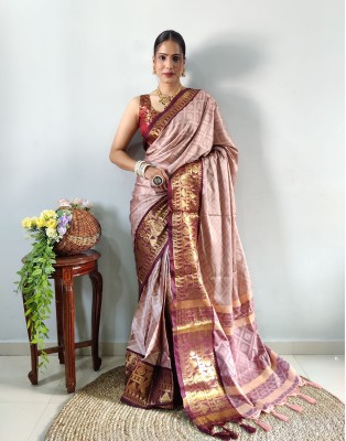 KV Fashion Embellished Banarasi Cotton Silk Saree(Multicolor, Brown)