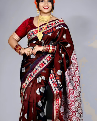Sijileen Temple Border, Woven Sambalpuri Art Silk Saree(Brown)