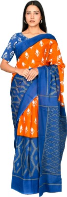 UBK FASHIOn Printed Handloom Cotton Blend Saree(Orange)