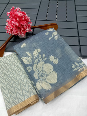 HouseOfCommon Printed Kanjivaram Linen, Cotton Linen Saree(Grey)