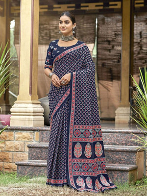 all about you Printed Daily Wear Pure Cotton Saree(Blue)