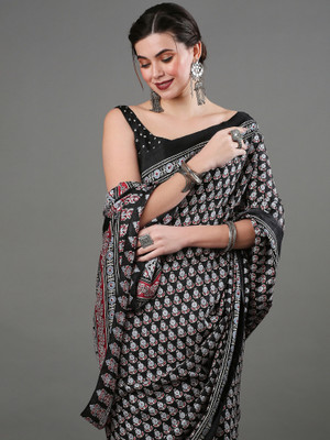 Sareemall Digital Print Sambalpuri Cotton Blend, Art Silk Saree(Black)