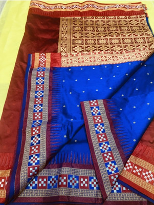 AYEZAL Temple Border, Woven Sambalpuri Handloom Pure Silk Saree(Blue)