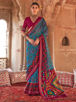 ANOUK Printed Patola Silk Blend Saree(Light Blue)