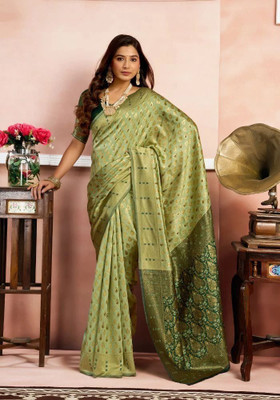 MADHAV Printed Kanjivaram Linen Saree(Green)