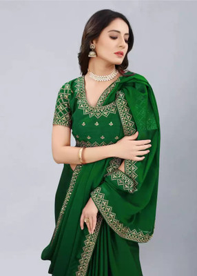 DHARMEE Solid/Plain Bollywood Georgette Saree(Green)