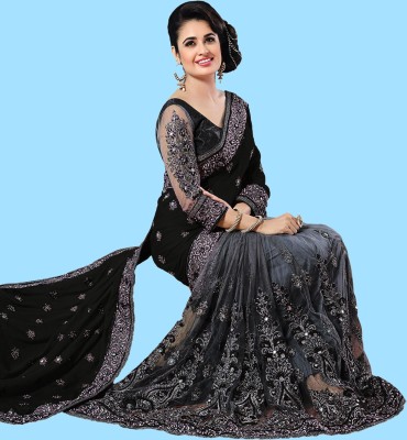 Semizoxis Embroidered, Embellished Bollywood Net, Art Silk Saree(Black)