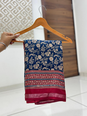 Vihan Fab Printed Kalamkari Mulmul Saree(Dark Blue)