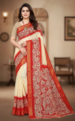 Khoaai Printed, Floral Print Chanderi Art Silk Saree(White, Red)