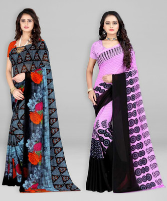 Leelavati Printed Daily Wear Georgette Saree(Pack of 2, Pink, Orange)