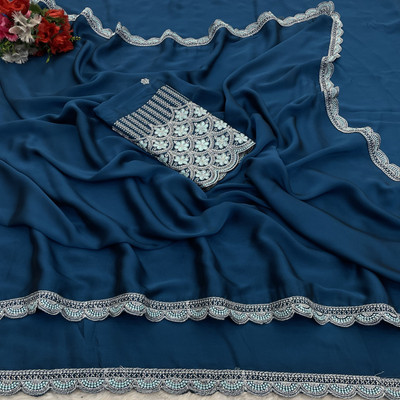 V AMAN FASHION Embroidered, Solid/Plain Bollywood Silk Blend Saree(Blue)