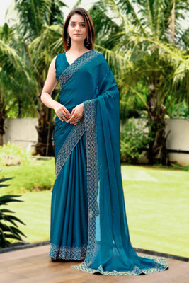 PEEYU Dyed Bollywood Satin Saree(Light Blue)
