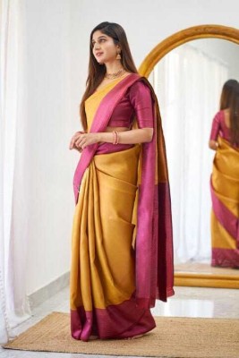 Kronzam Self Design, Woven, Applique Banarasi Art Silk, Jacquard Saree(Yellow)