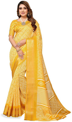 Moda Rapido Printed Bandhani Cotton Blend Saree(Yellow)