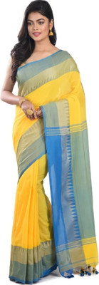 GaurabHandloom Temple Border Narayanpet Cotton Blend Saree(Yellow)