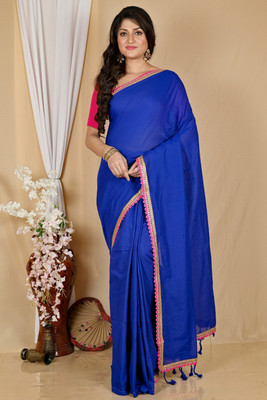 DipDiya Solid/Plain, Self Design, Woven Handloom Pure Cotton Saree(Dark Blue)