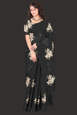 Venyo Apparel Floral Print, Embroidered, Embellished Banarasi Silk Blend Saree(Multicolor)