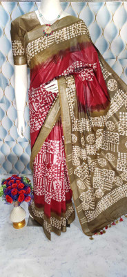 HAIDER ALI AND SONS Hand Painted Bhagalpuri Cotton Linen Saree(Red)