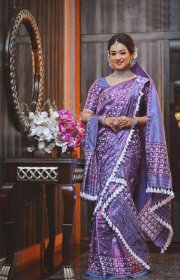 VM Selling Hub Striped Mekhela Chador Silk Blend Saree(Purple)