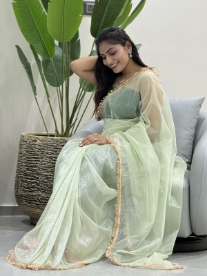 DEVSCREATIONS Embellished Bollywood Nylon Saree(Light Green)