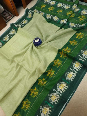 het designer studio Floral Print, Applique, Blocked Printed, Embroidered, Woven, Self Design Bollywood Cotton Linen Saree(Light Green)