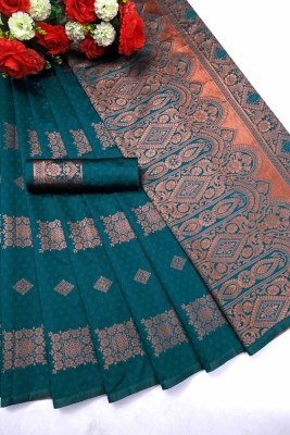 omtextile Printed, Woven Bollywood Jacquard, Silk Blend Saree(Light Blue)