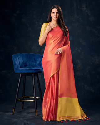 RekhaManiyar Solid/Plain Saree with Attached Blouse Tissue Saree(Orange)
