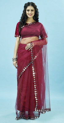 Leelavati Embellished, Embroidered, Self Design Bollywood Net Saree(Maroon)
