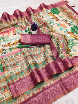 VASTUKALA Woven Kanjivaram Pure Silk, Art Silk Saree(Cream, Pink)