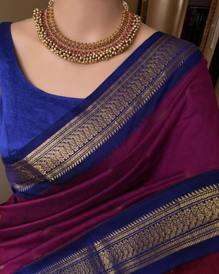 AMARQUEEN Temple Border Banarasi Silk Blend Saree(Magenta, Blue)