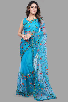 b bella creation Embroidered Bollywood Net Saree(Light Blue)