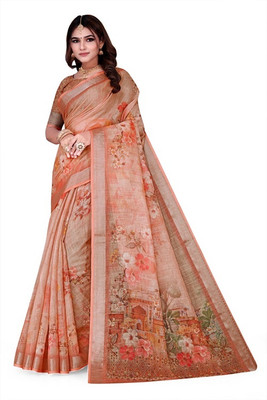 XHE Digital Print Kalamkari Linen Saree(Orange)