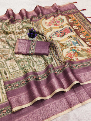 AVANTIKA FASHION Embellished Kanjivaram Pure Silk, Art Silk Saree(Cream, Purple)