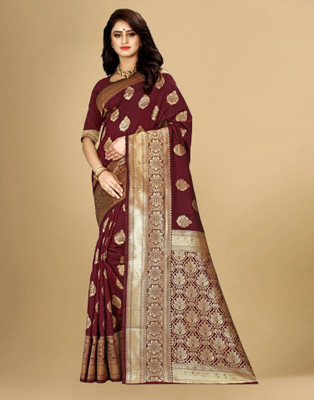 Samah Woven, Embellished, Self Design Banarasi Silk Blend, Jacquard Saree(Maroon, Gold)