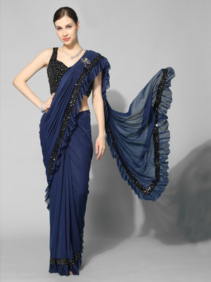 ENCLIQ Solid/Plain Bollywood Lycra Blend Saree(Blue)