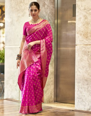 Samah Self Design, Woven, Embellished Kanjivaram Jacquard, Cotton Silk Saree(Pink, Gold)