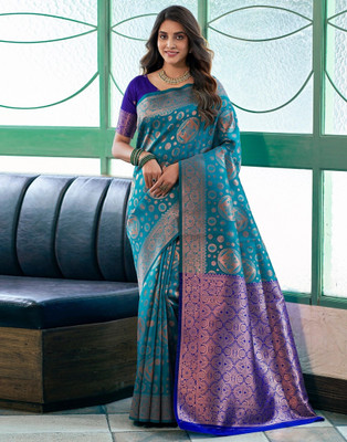 ETHNICHITZ Woven, Embellished Kanjivaram Cotton Silk, Jacquard Saree(Light Blue, Purple)