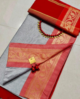 ROY SAREE CENETR Solid/Plain, Woven, Embellished, Temple Border Handloom Cotton Silk Saree(Grey)