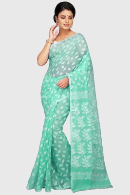 Mystory Woven Jamdani Handloom Cotton Blend Saree(Light Green, White)