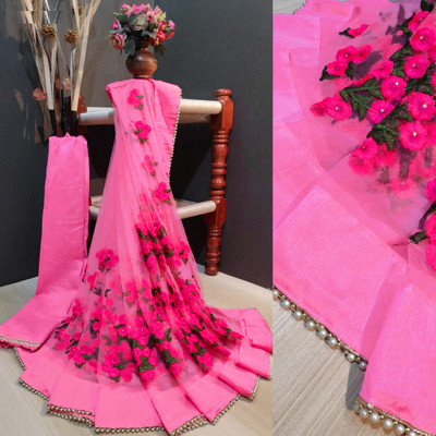 JSItaliya Embroidered Bollywood Net Saree(Pink)