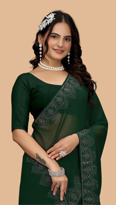 riyanshi fashion Self Design, Embellished, Solid/Plain Saree with Attached Blouse Georgette Saree(Green)