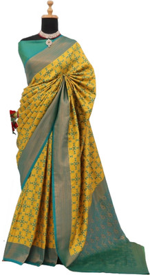 MOON VOGUE Self Design Banarasi Silk Blend Saree(Yellow)