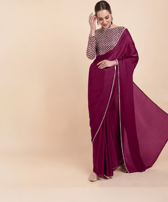 JAHANVI FASHION Solid/Plain Bollywood Satin Saree(Purple)