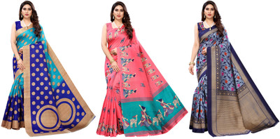 Nirvaan Printed Bhagalpuri Art Silk Saree(Pack of 3, Blue, Pink)