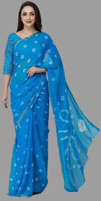 Swarne Printed Bandhani Chiffon Saree(Light Blue)